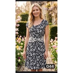 Lands' End Black & White Floral Fit & Flare Dress Plus Sz 1X (16W-18W) Cotton